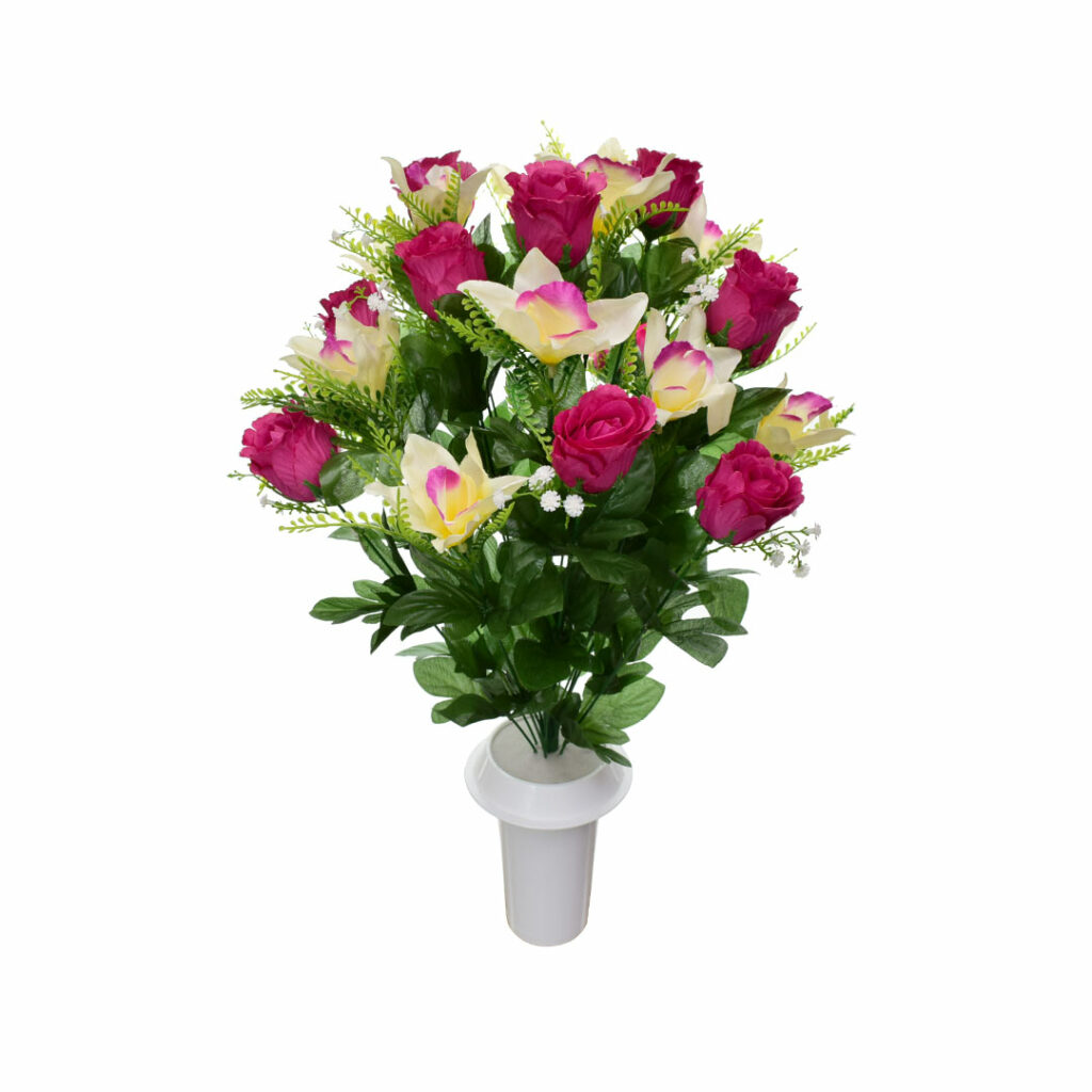 Πλαστικά λουλούδια για μνήματα σε γλαστράκι με φούξια ορχιδέα και μπουμπούκι τριαντάφυλλο