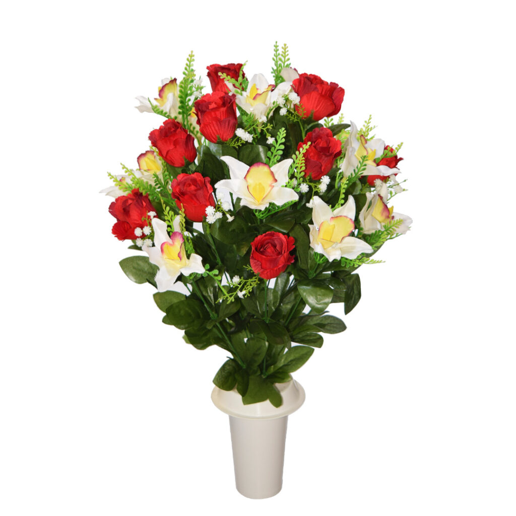 Πλαστικά λουλούδια για μνήματα με άσπρη ορχιδέα και μπουμπούκι κόκκινα τριαντάφυλλα
