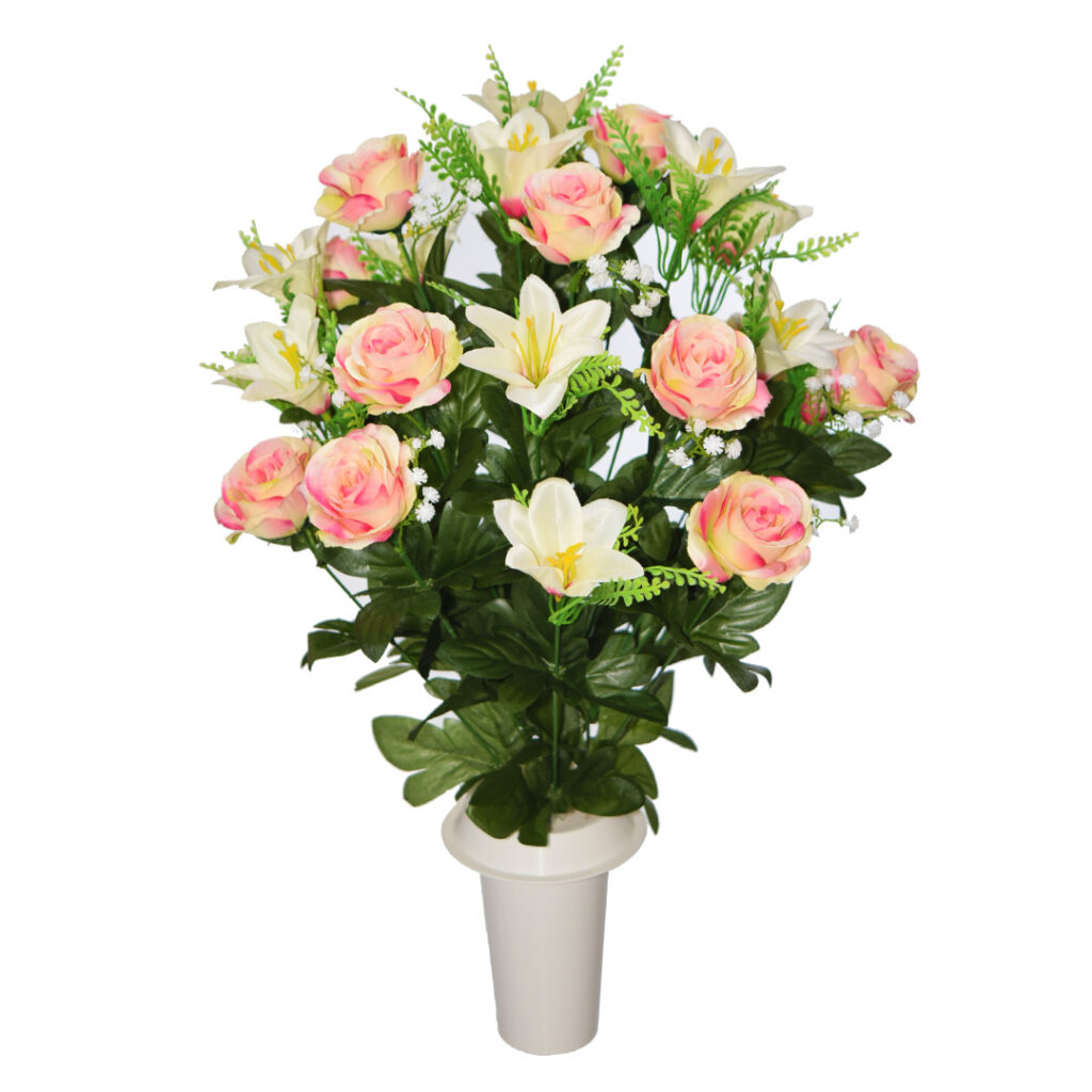 Πλαστικά λουλούδια για μνήματα με άσπρο κρίνο και σομόν τριαντάφυλλο