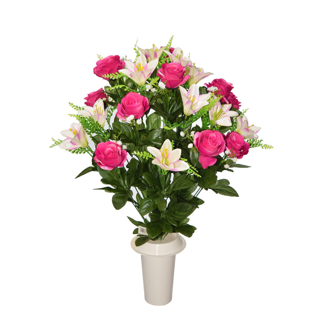 Πλαστικά λουλούδια για μνήματα με άσπρο κρίνο και μωβ τριαντάφυλλο