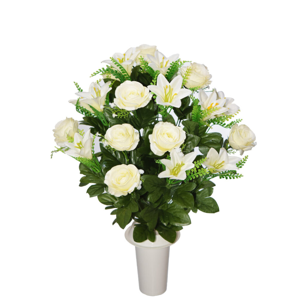 Πλαστικά λουλούδια για μνήματα με άσπρο κρίνο και μπουμπούκι τριαντάφυλλο
