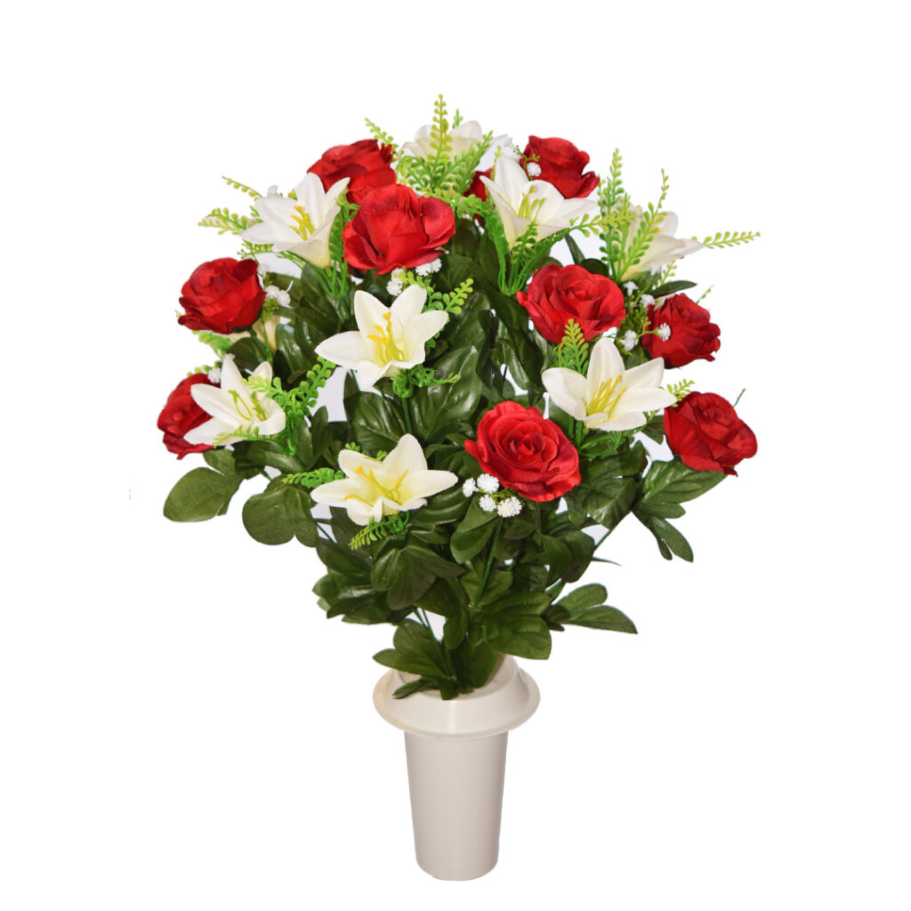 Πλαστικά λουλούδια για μνήματα με άσπρο κρίνο και κόκκινα τριαντάφυλλα
