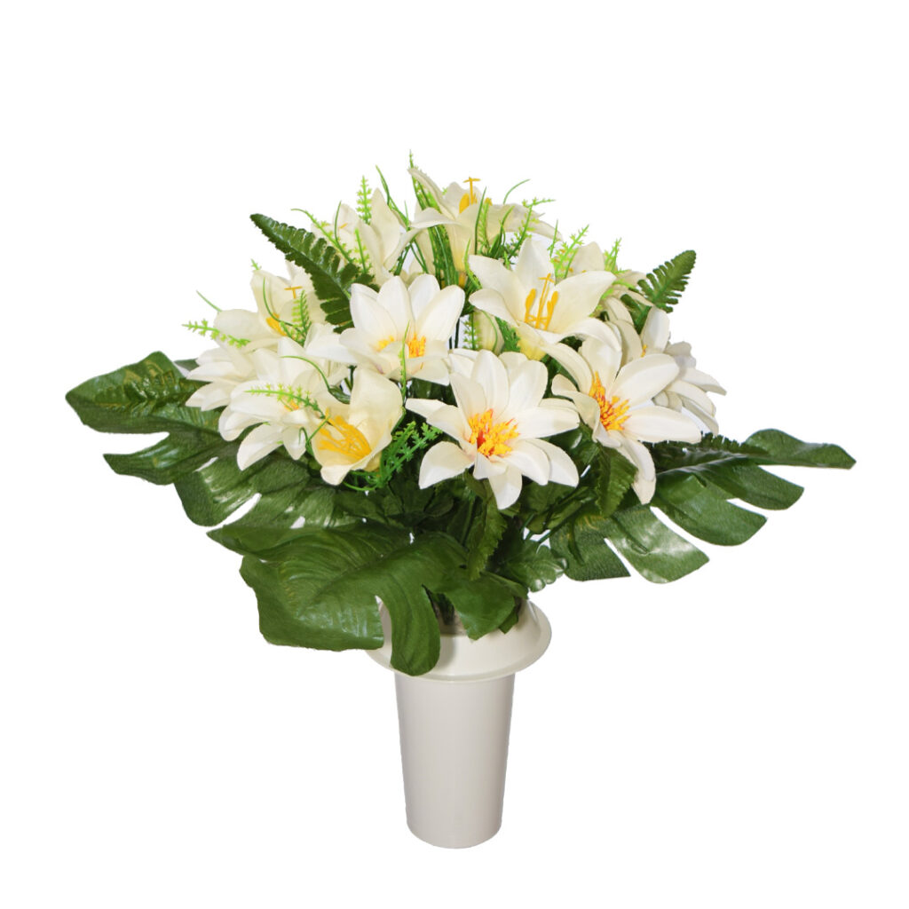 Πλαστικά λουλούδια για μνήματα με άσπρη ντάλια και κρίνο