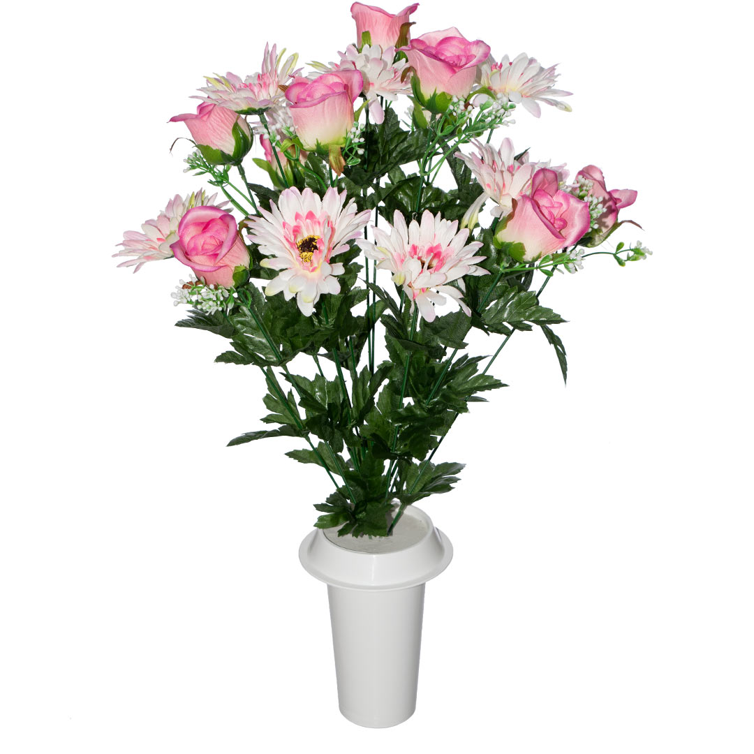 πλαστικά λουλούδια για μνήματα με ροζ Τριαντάφυλλο, Ζέρμπερα, ανθάκια και πρασινάδα σε λευκό γλαστράκι