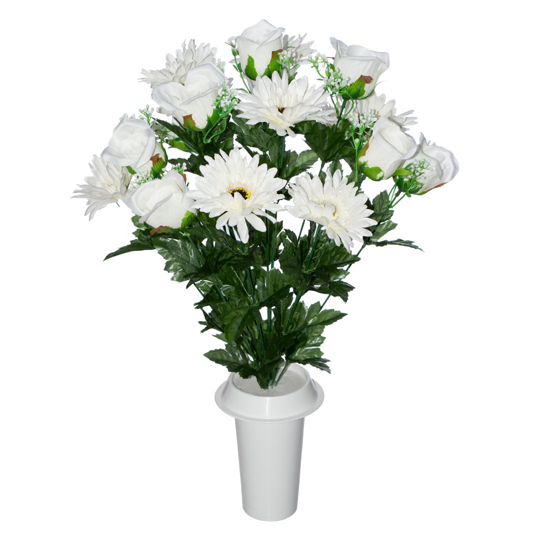 πλαστικά λουλούδια για τάφους με άσπρο Τριαντάφυλλο, Ζέρμπερα, ανθάκια και πρασινάδα σε λευκό γλαστράκι
