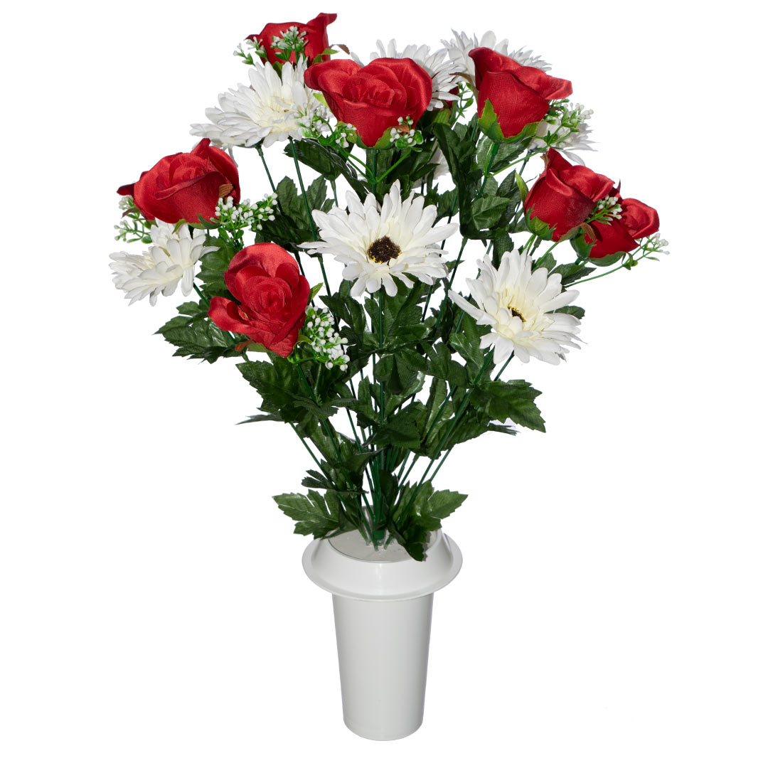 ψεύτικα λουλούδια για μνήματα με κόκκινο Τριαντάφυλλο, άσπρη Ζέρμπερα, ανθάκια και πρασινάδα σε λευκό γλαστράκι