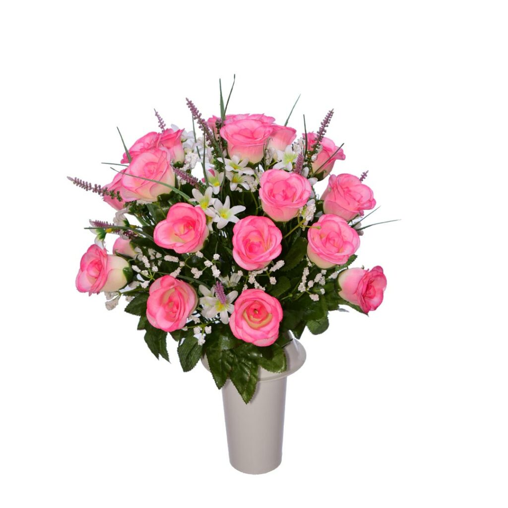 Πλαστικά λουλούδια για μνήματα με ροζ μπουμπούκι τριαντάφυλλο και ανθάκια σε λευκό βάζο