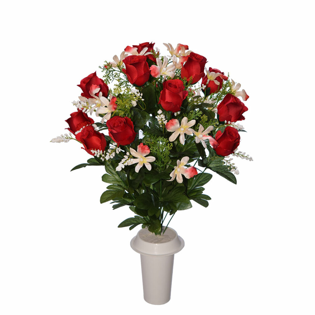 Πλαστικά λουλούδια για μνήματα από κόκκινο μπουμπούκι τριαντάφυλλο και ορχιδέα σε λευκό γλαστράκι
