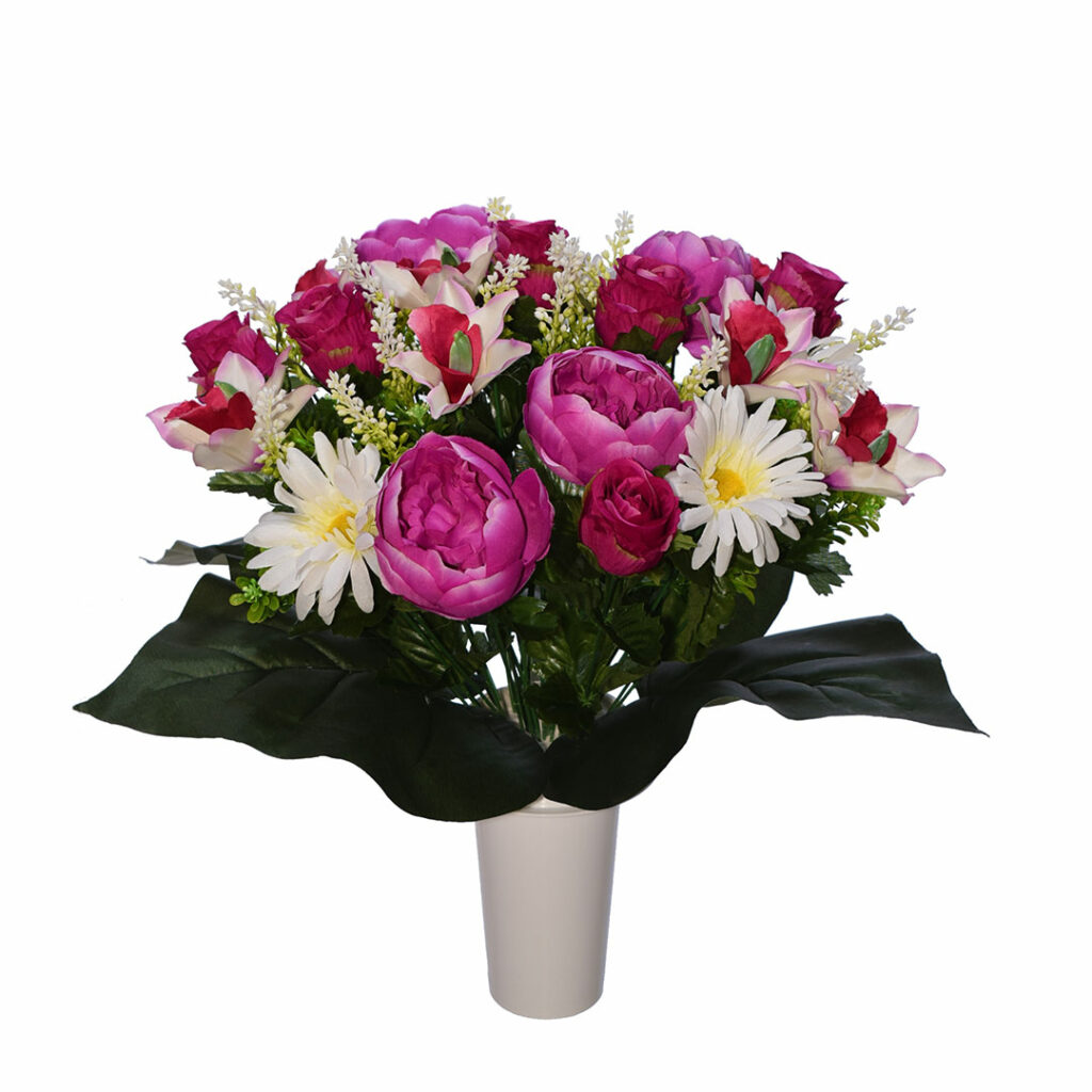 Πλαστικά λουλούδια για μνήματα από άσπρη και μωβ ορχιδέα, τριαντάφυλλο, Μανώλια, μαργαρίτα σε λευκό γλαστράκι