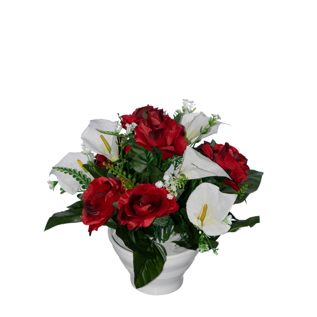 Κασπώ με ψεύτικα λουλούδια από κόκκινο Τριαντάφυλλο, άσπρο Κρίνο και πρασινάδα σε λευκό πλαστικό μπωλ
