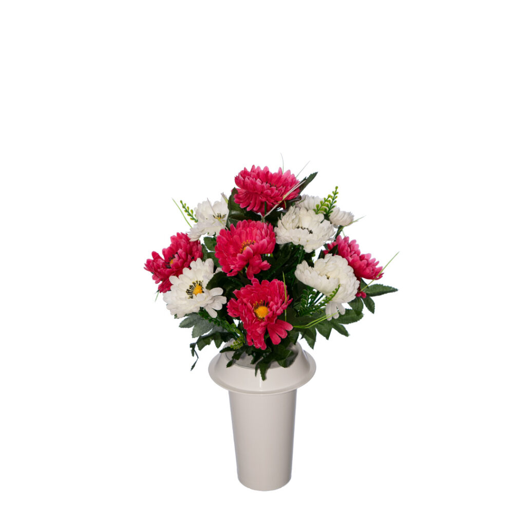 Λουλούδια για νεκροταφείο με άσπρη και ροζ ζέρμπερα σε λευκό βάζο
