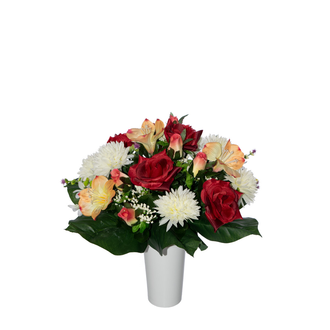 λουλούδια για νεκροταφείο με κόκκινο Τριαντάφυλλο, άσπρο Χρυσάνθεμο, μπουμπούκι, σομόν Ορχιδέα και πρασινάδα σε λευκό γλαστράκι