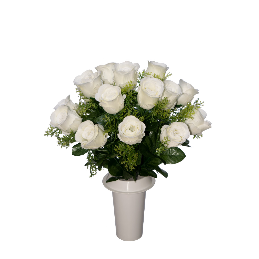 πλαστικά λουλούδια για μνήματα με άσπρο μπουμπούκι Τριαντάφυλλο και πρασινάδα σε λευκό γλαστράκι