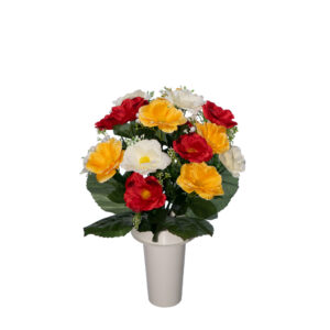 μπουκέτο πλαστικά λουλούδια για μνήματα με πορτοκαλί, κίτρινη και άσπρη ανεμώνη σε λευκό πλαστικό βάζο