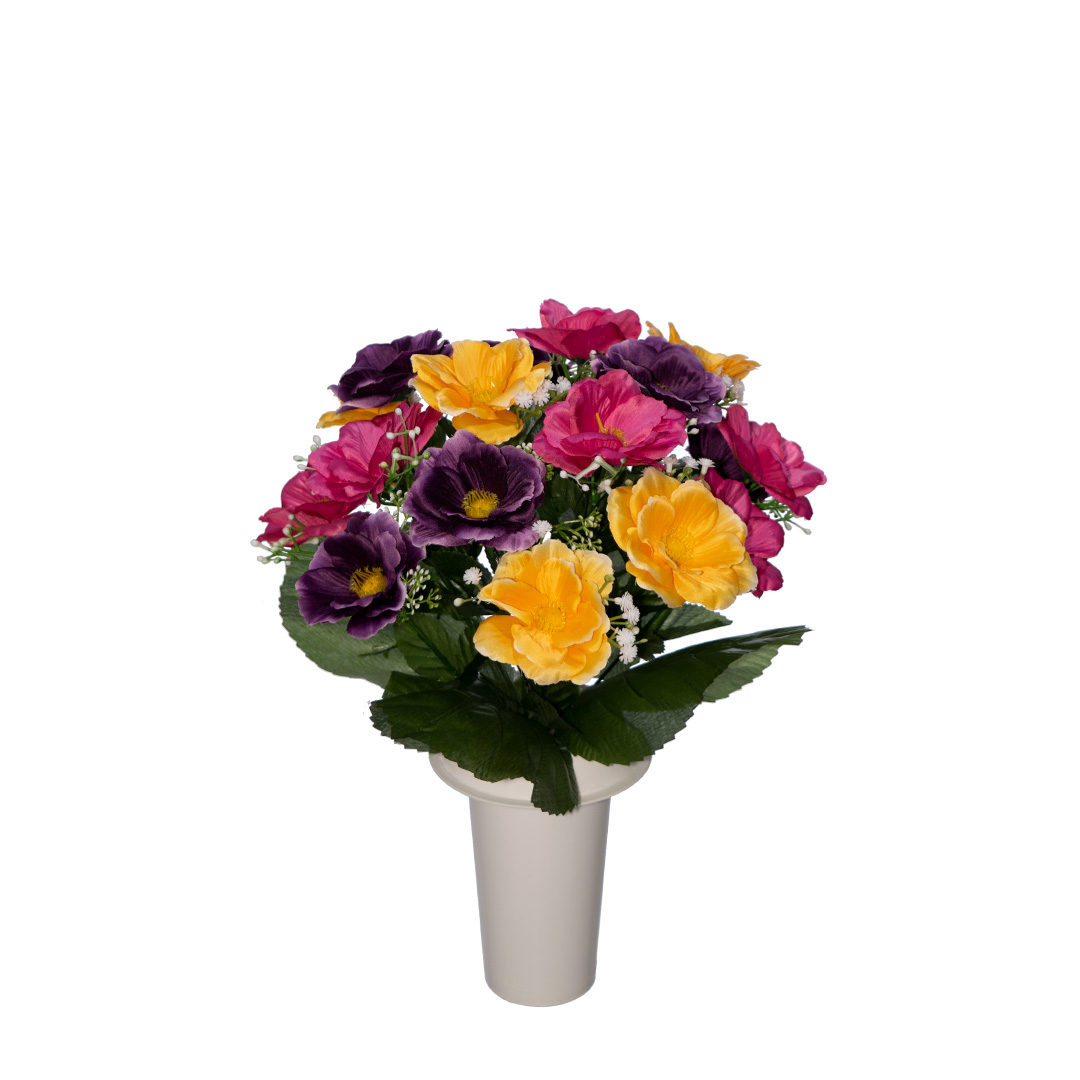 μπουκέτο πλαστικά λουλούδια για μνήματα με μωβ, κίτρινη και ροζ ανεμώνη σε λευκό πλαστικό βάζο