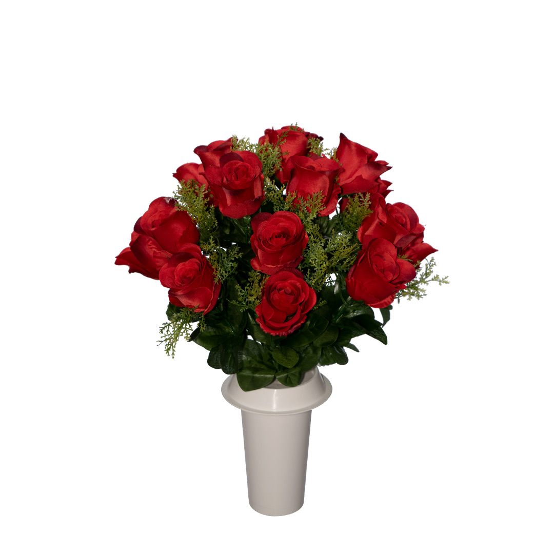 πλαστικά λουλούδια για νεκροταφείο από κόκκινο μπουμπούκι Τριαντάφυλλο σε λευκό γλαστράκι