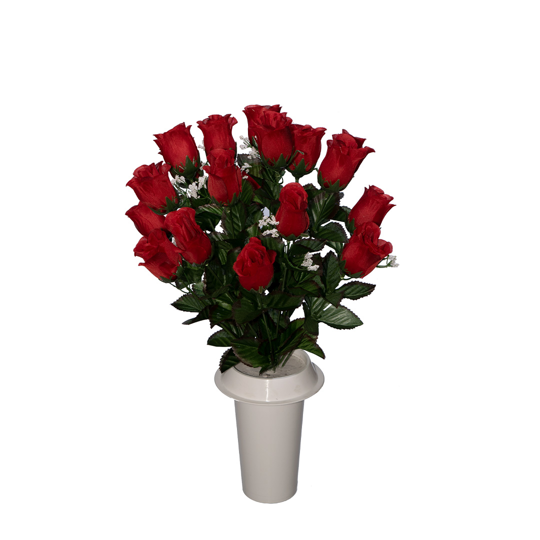 πλαστικά λουλούδια για μνήματα με κόκκινα μπουμπούκι Τριαντάφυλλα και πρασινάδα σε λευκό πλαστικό βάζο
