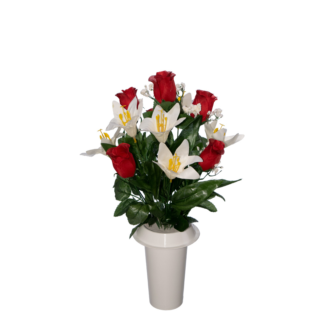 πλαστικά λουλούδια για μνήματα από κόκκινο μπουμπούκι Τριαντάφυλλο και άσπρο Λίλιουμ σε λευκό βάζο νεκροταφείου