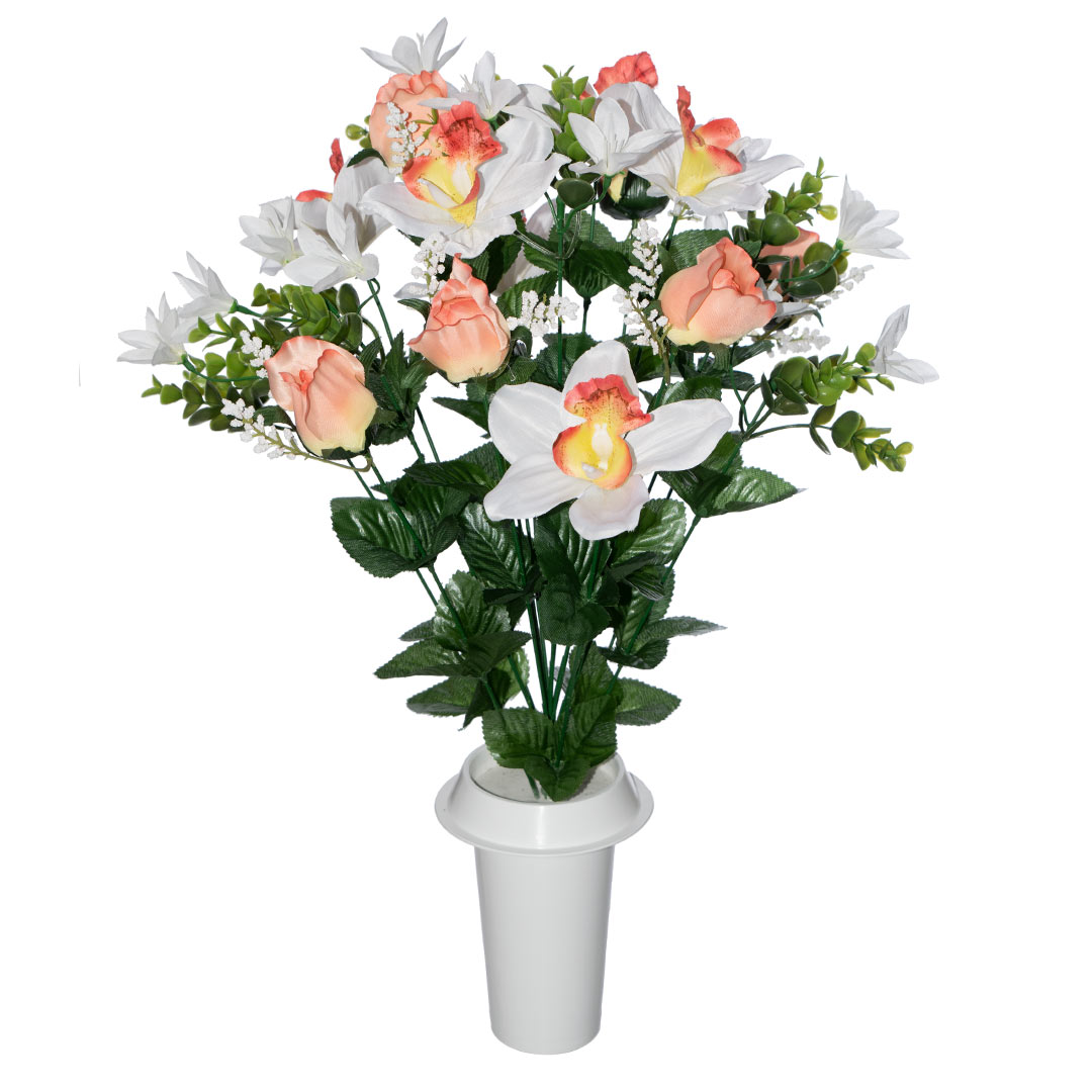 πλαστικά λουλούδια για μνήματα με σομόν μπουμπούκι Τριαντάφυλλο, Ορχιδέα, ανθάκια και πρασινάδα σε λευκό γλαστράκι