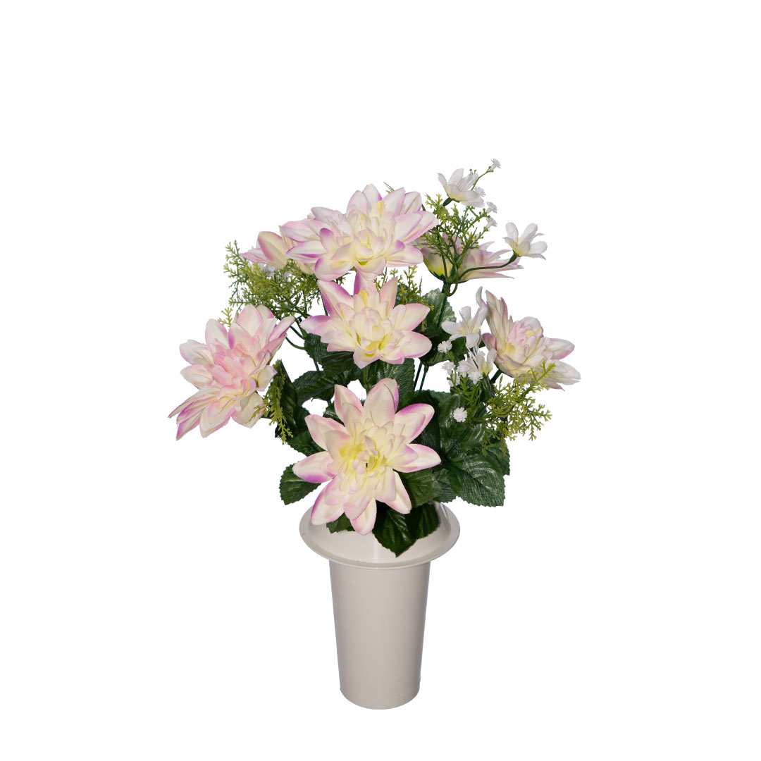 πλαστικά λουλούδια για μνήματα με ροζ Ντάλια και πρασινάδα σε λευκό γλαστράκι