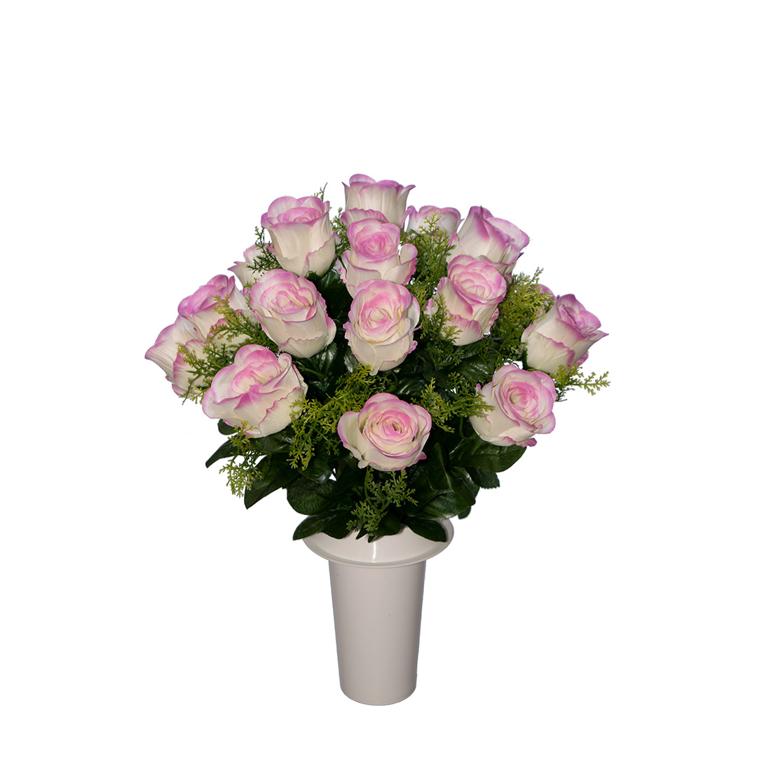 τεχνητά άνθη για μνήματα με ροζ μπουμπούκι Τριαντάφυλλο σε λευκό γλαστράκι