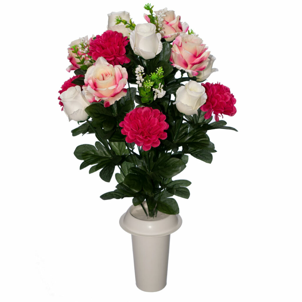 πλαστικά λουλούδια για μνήματα με άσπρο μπουμπούκι φούξια τριαντάφυλλο και ντάλια σε λευκό βάζο