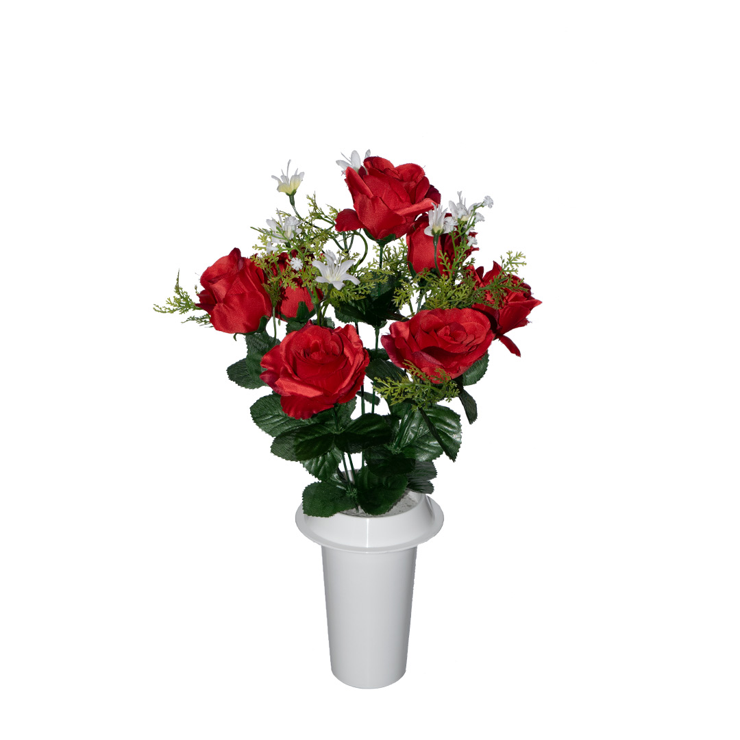 πλαστικά λουλούδια για μνήματα με κόκκινο Τριαντάφυλλο, ανθάκια και πρασινάδα σε λευκό γλαστράκι