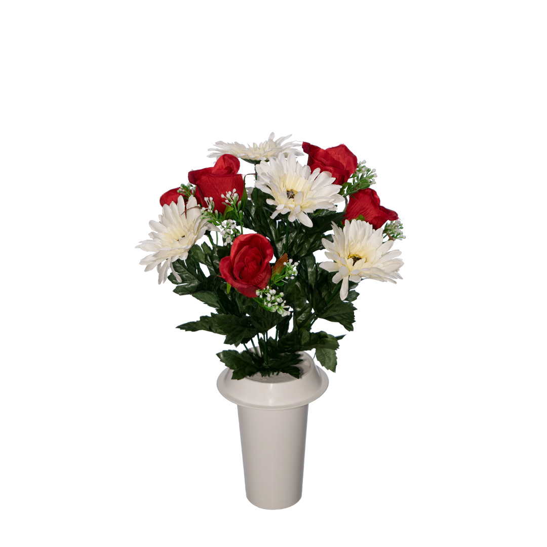 λουλούδια για μνήματα με κόκκινα Τριαντάφυλλα, άσπρη Ζέρμπερα και πρασινάδα σε λευκό πλαστικό βάζο