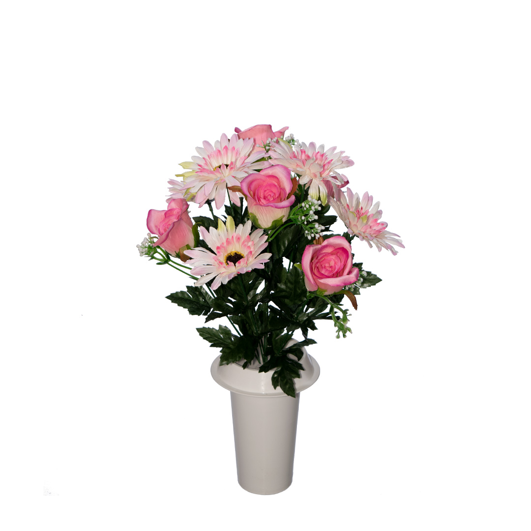 πλαστικά λουλούδια για μνήματα με ροζ Τριαντάφυλλα, Ζέρμπερα και πρασινάδα σε λευκό πλαστικό βάζο