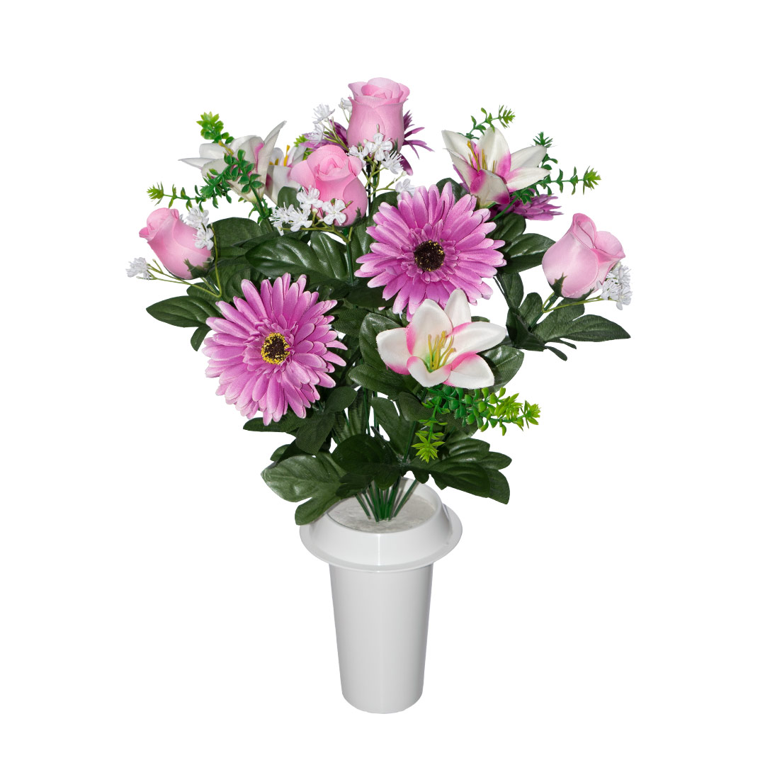 πλαστικά λουλούδια για μνήματα με άσπρο Τριαντάφυλλο, Κρίνο, Ζέρμπερα, ανθάκια και πρασινάδα σε λευκό γλαστράκι