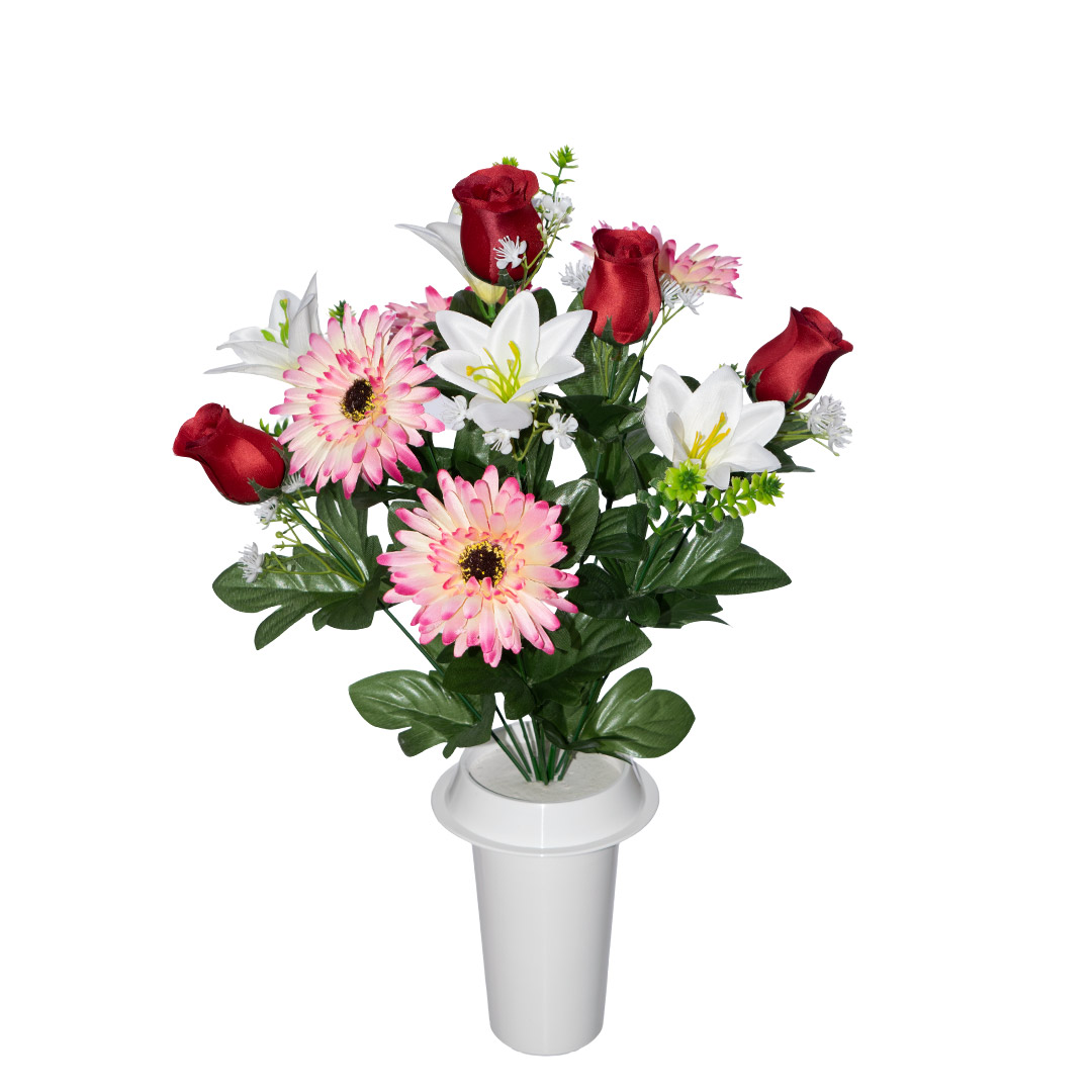 πλαστικά λουλούδια για μνήματα με άσπρο Τριαντάφυλλο, Κρίνο, Ζέρμπερα, ανθάκια και πρασινάδα σε λευκό γλαστράκι
