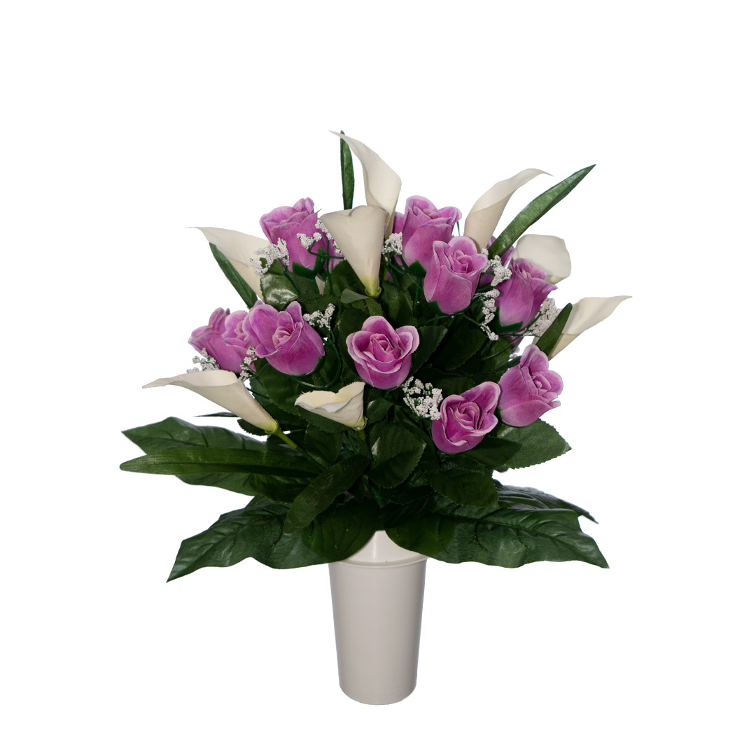 Μπουκέτο πλαστικά λουλούδια για μνήματα με μωβ μπουμπούκι Τριαντάφυλλο και άσπρο Κρίνο σε λευκό γλαστράκι