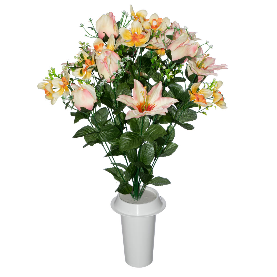 πλαστικά λουλούδια για μνήματα με σομόν Τριαντάφυλλο, Λίλιουμ, Ορχιδέα, ανθάκια και πρασινάδα σε λευκό γλαστράκι