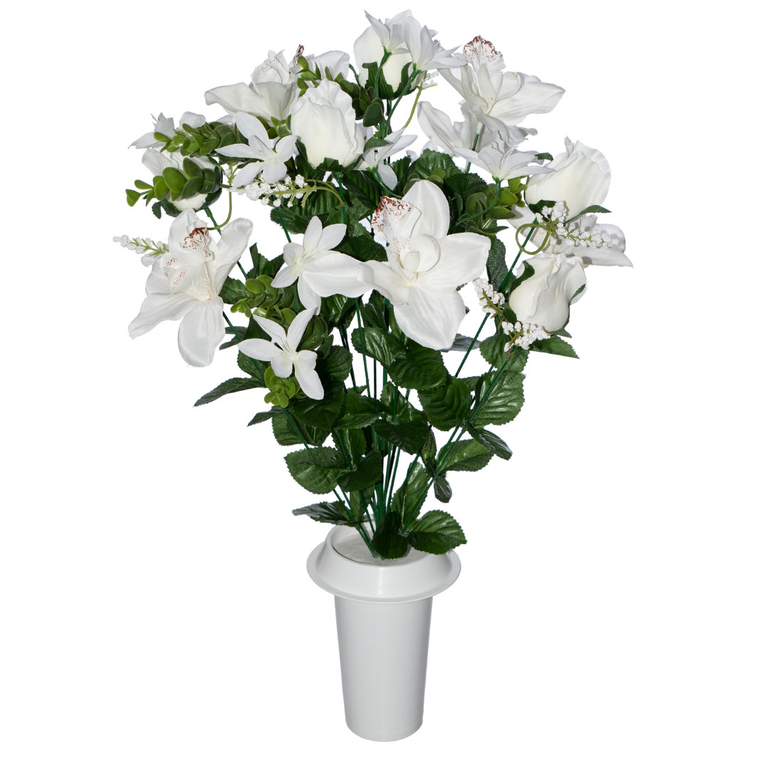 πλαστικά λουλούδια για τάφους με άσπρο μπουμπούκι Τριαντάφυλλο, Ορχιδέα, ανθάκια και πρασινάδα σε λευκό γλαστράκι