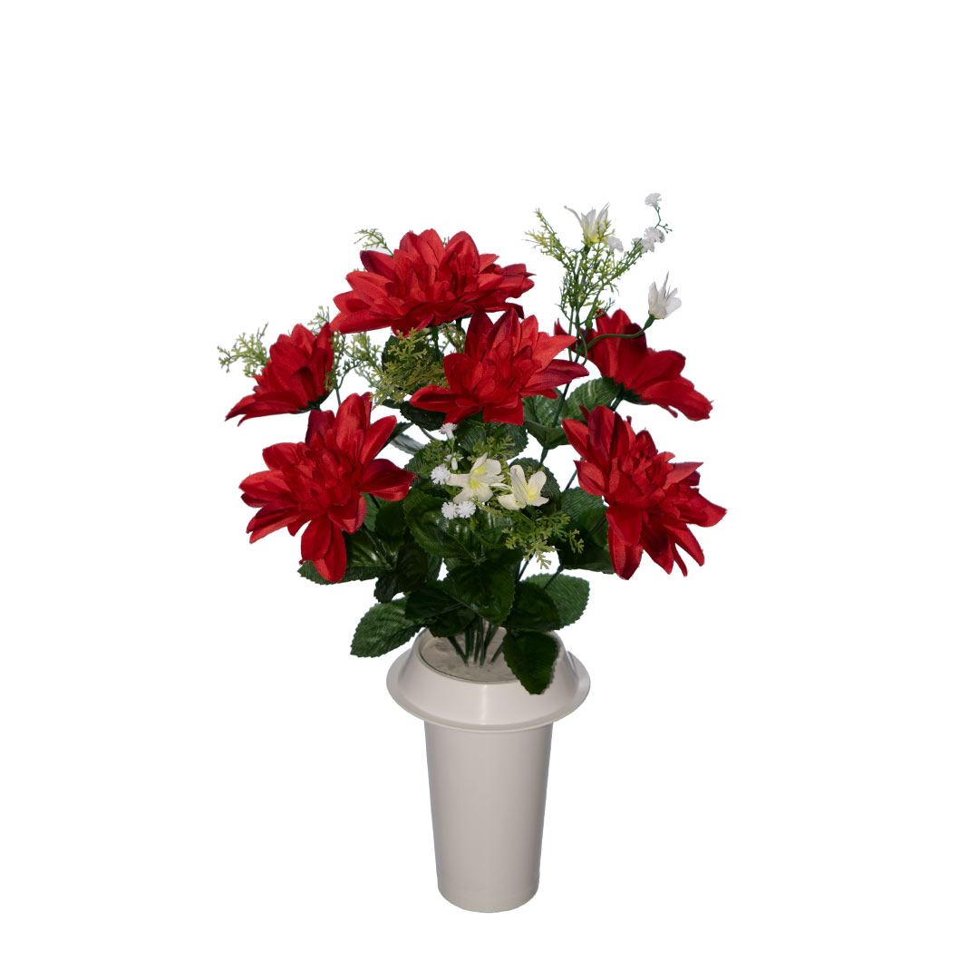 πλαστικά λουλούδια για τάφους με κόκκινη Ντάλια και πρασινάδα σε λευκό γλαστράκι