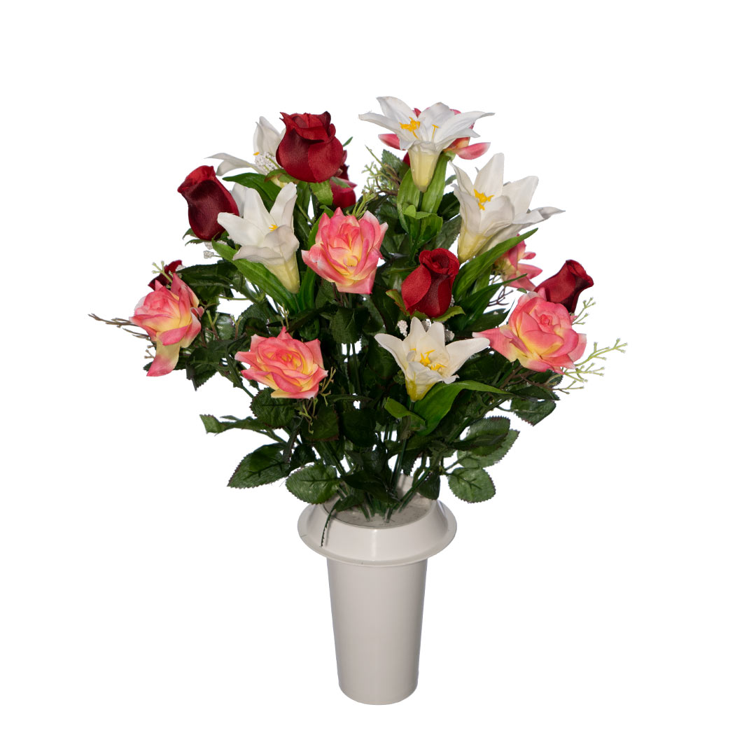 πλαστικά λουλούδια για τάφους με κόκκινο Τριαντάφυλλο, άσπρο Κρίνο και πρασινάδα σε λευκό γλαστράκι