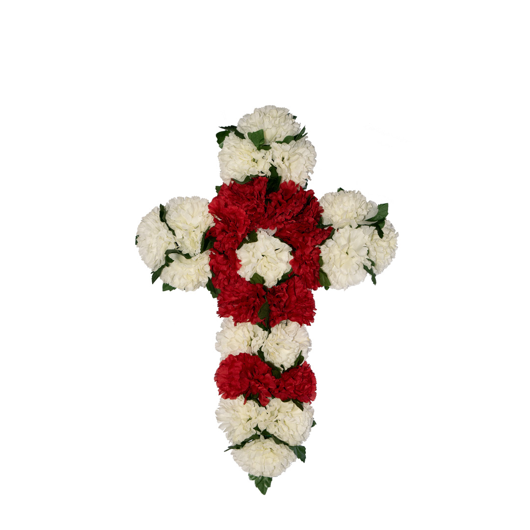 Σταυρός για μνήμα με άσπρα και κόκκινα γαρύφαλλα σε πλαστική βάση