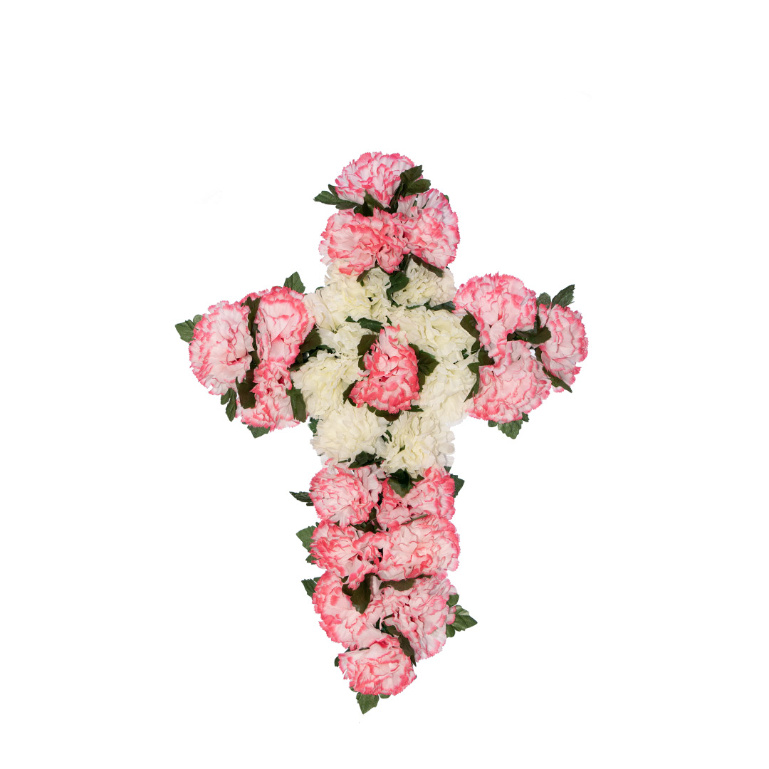 Σταυρός με ψεύτικα λουλούδια για το μνήμα από ροζ και άσπρο Γαρύφαλλο σε πλαστική βάση