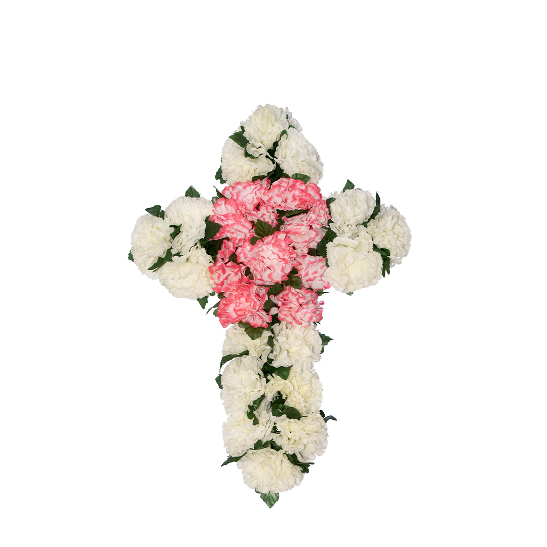 Σταυρός με ψεύτικα λουλούδια για το μνήμα από άσπρο και ροζ Γαρύφαλλο σε πλαστική βάση
