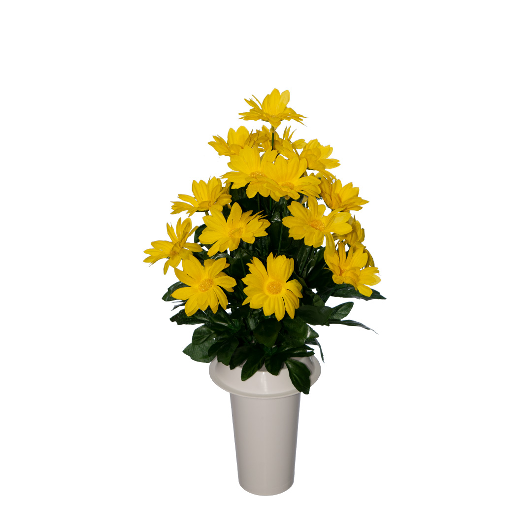 τεχνητά λουλούδια για μνήματα από κίτρινη Μαργαρίτα σε λευκό βάζο