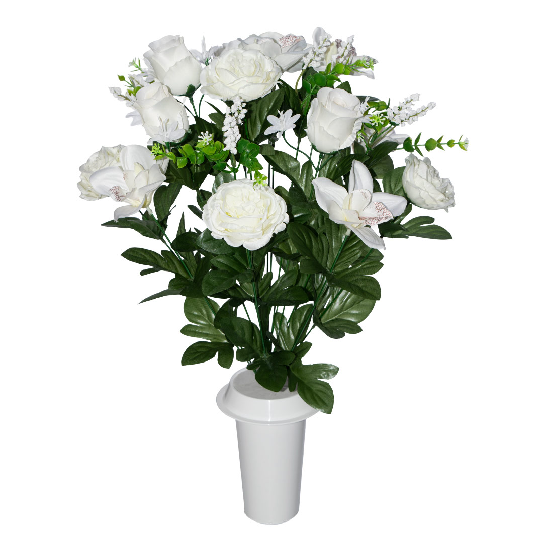 τεχνητά λουλούδια για μνήματα με άσπρο Τριαντάφυλλο, Ορχιδέα, Νεραγκούλα, ανθάκια και πρασινάδα σε λευκό γλαστράκι