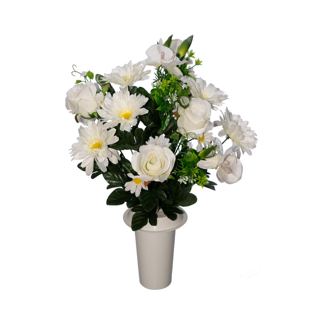 ψεύτικα λουλούδια για μνήματα από άσπρη Ζέρμπερα Τριαντάφυλλο Ορχιδέα και πρασινάδα σε λευκό γλαστράκι