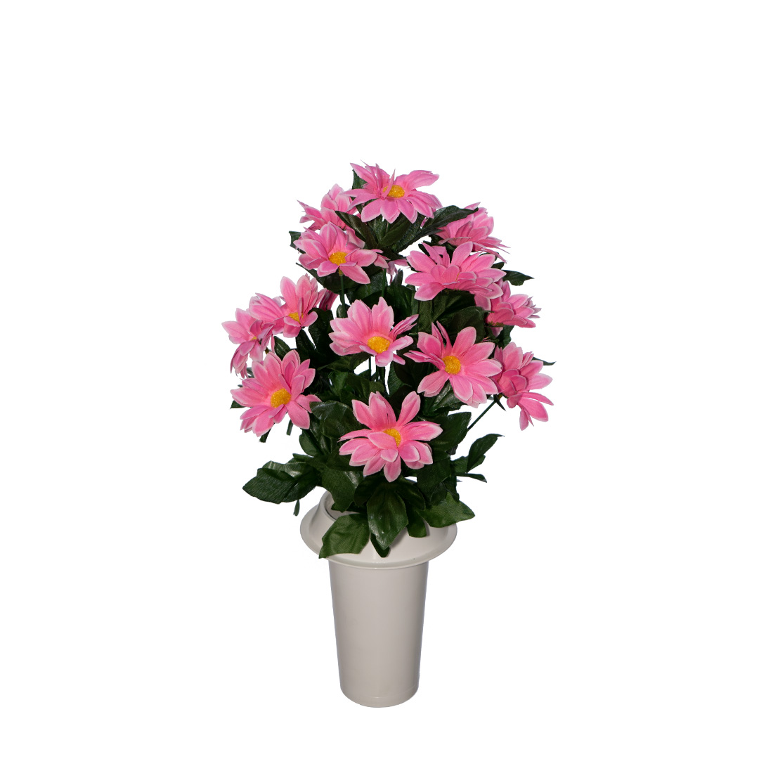 ψεύτικα λουλούδια για μνήματα από ροζ Μαργαρίτα σε λευκό βάζο