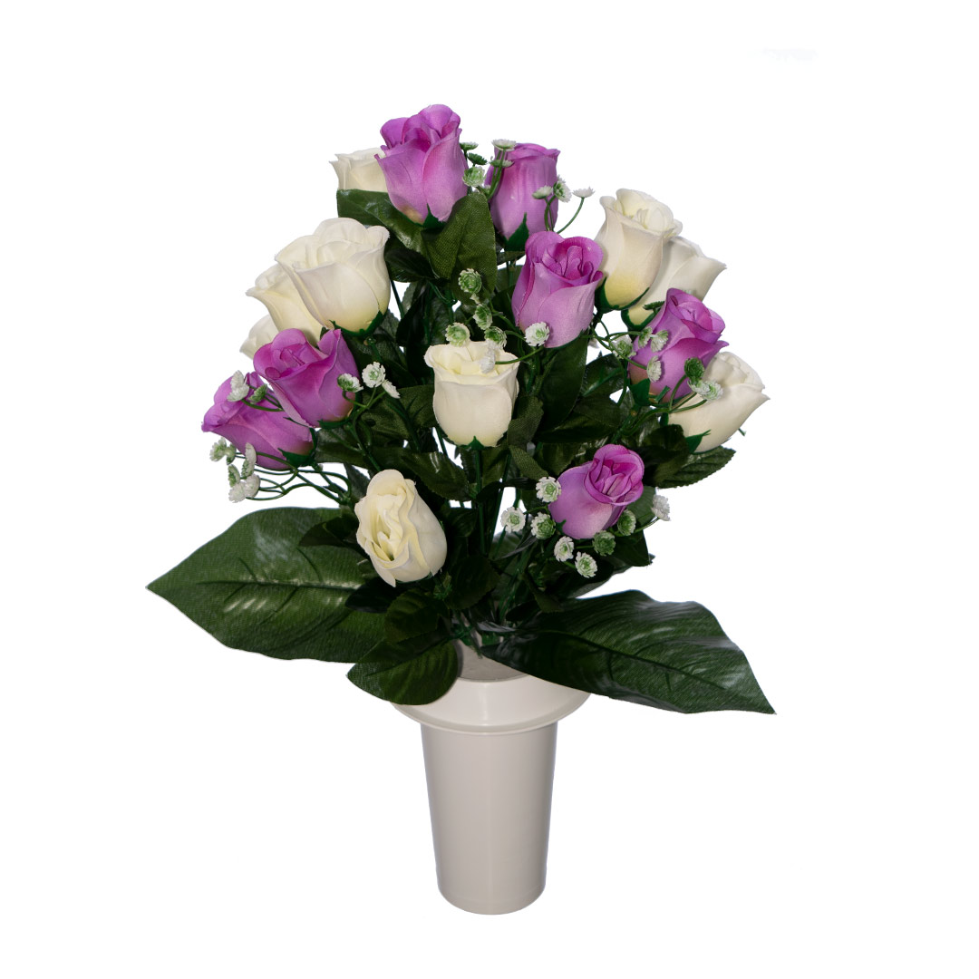 ψεύτικα λουλούδια για μνήματα με άσπρο και μωβ μπουμπούκι τριαντάφυλλο σε λευκό βάζο