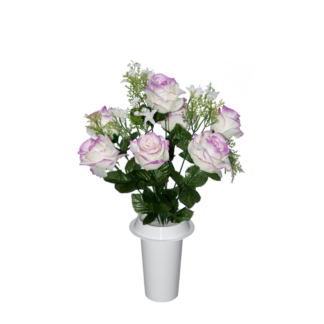 ψεύτικα λουλούδια για μνήματα με μωβ Τριαντάφυλλο, ανθάκια και πρασινάδα σε λευκό γλαστράκι