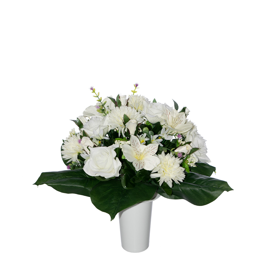 ψεύτικα λουλούδια για μνήματα με άσπρο Τριαντάφυλλο, Χρυσάνθεμο, μπουμπούκι, Ορχιδέα και πρασινάδα σε λευκό γλαστράκι