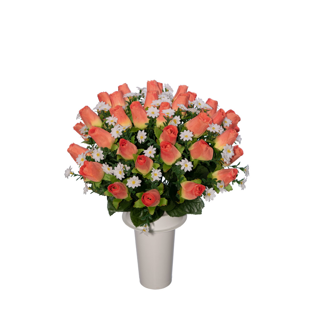 ψεύτικα λουλούδια για μνήματα με σομόν μπουμπούκι Τριανταφυλλάκι σε λευκό βάζο