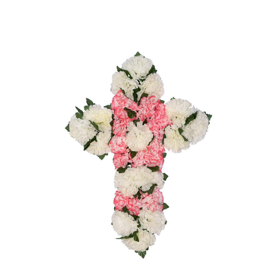 Σταυρός για μνήμα με πλαστικά λουλούδια από άσπρα και ροζ Γαρύφαλλα σε πλαστική βάση
