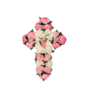 Σταυρός για μνήμα με πλαστικά λουλούδια από ροζ και άσπρα Γαρύφαλλα σε πλαστική βάση
