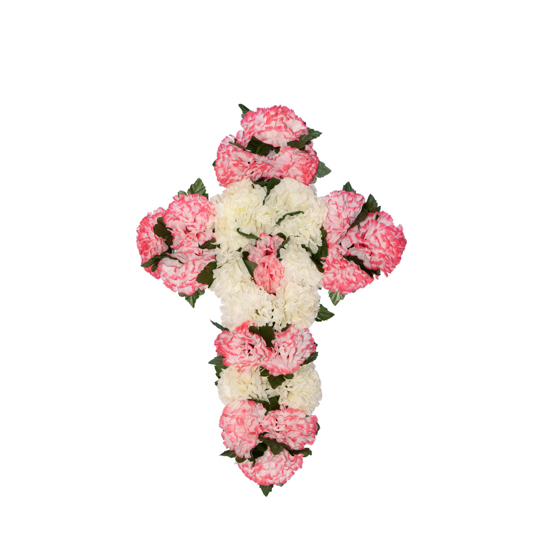 Σταυρός για μνήμα με πλαστικά λουλούδια από ροζ και άσπρα Γαρύφαλλα σε πλαστική βάση